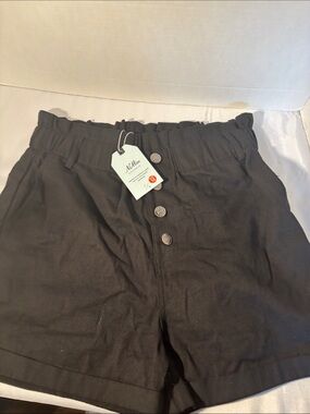 High-Waist Black Button-Front Paperbag Shorts